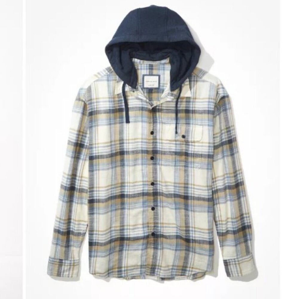 American Eagle NWOT AE Hooded Flannel Blue White Plaid Button Up Shirt Sz L